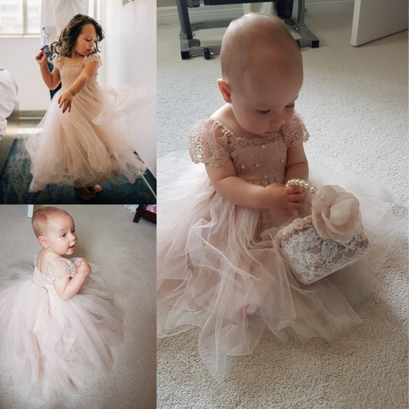 

Light Pink Capped Sleeves Lace Flower Grils Dress Square Neckline Beads Girl Pageant Gowns Floor Length Communion Dresses, Brown