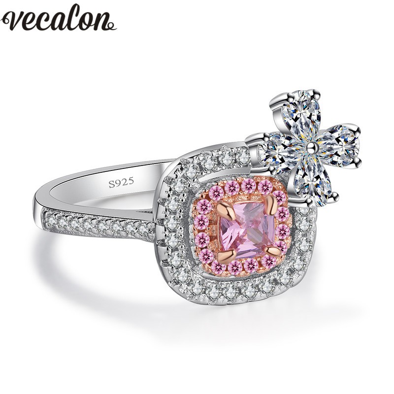 

Vecalon New Luxury Anniversary ring 925 Sterling Silver Jewelry Pink 5A Zircon Cz Engagement wedding Band rings for women Bridal