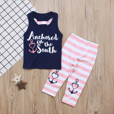 

2018 Summer Girls Clothing Sets Baby Girl Outfits Kids Tank Top Letters Printed T Shirt+Pink Striped Pants 2 pcs Set Children Clothes, As photo
