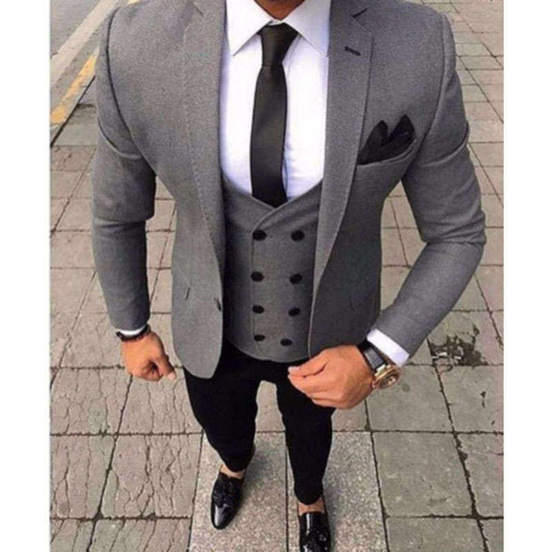 

2018 Latest Coat Pant Designs Smoking Grey Men Suit Slim Fit 3 Piece Tuxedo Groom Style Suits Custom Prom Blazer Terno Masculino, Silver