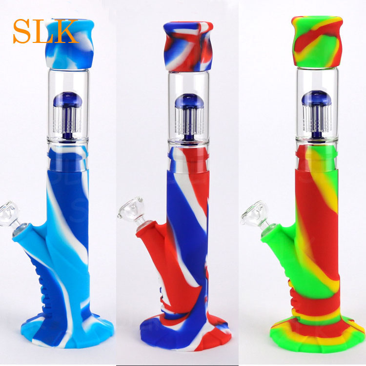 

Glass percolator down stem + silicone bongs water pipes 14 inch tall dab rig big bong for smoking Dry herb free shipping