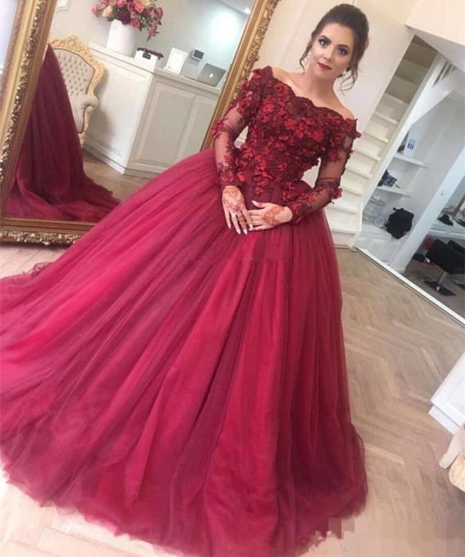 

Elegant Burgundy Long Sleeves Evening Dresses With 3D Floral Applique Off Shoulder Ball Gown Prom Dress Soft Tulle Special Occasion Dress, Daffodil