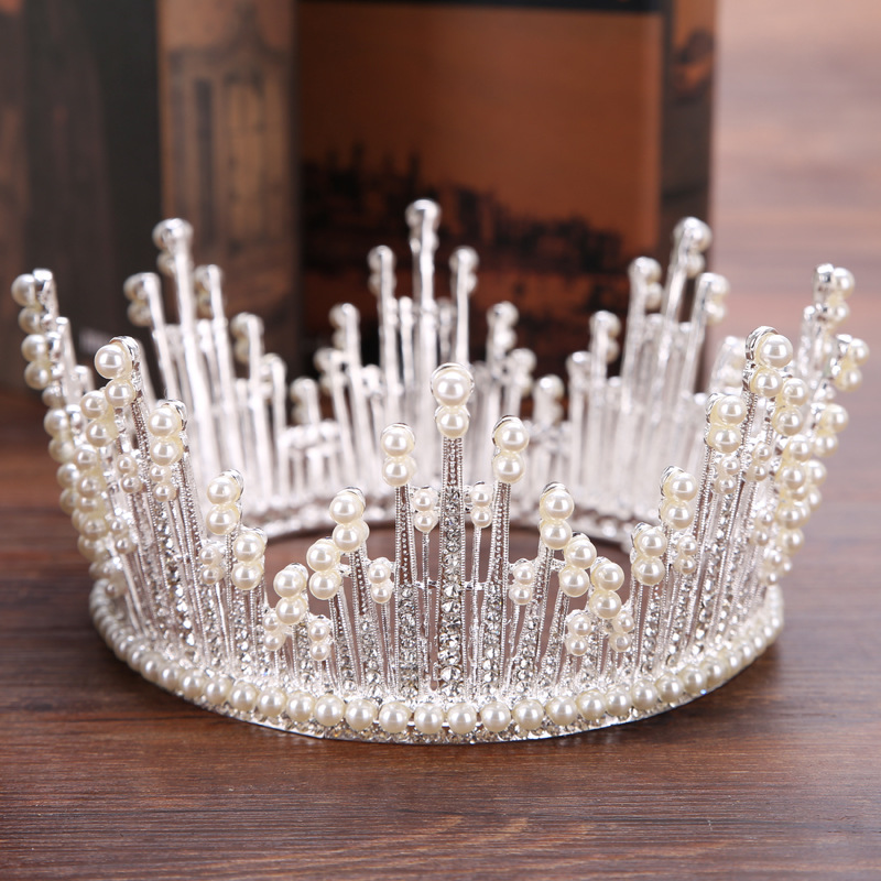 

Trendy Silver Gold Pearl Tiara Round Wedding Big Crowns For Bride Hair Accessories Crystal inlaid Queen Crown Wedding Hair Jewelry, White;golden