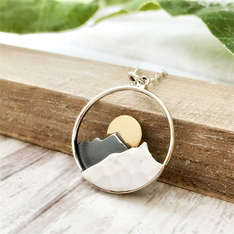 

whole saleJEPHNE Mountain Necklace Sunrise Moutain Circle Charm Pendant Necklaces Hiker Nature Ski Gifts The Mountains are Calling Jewelry