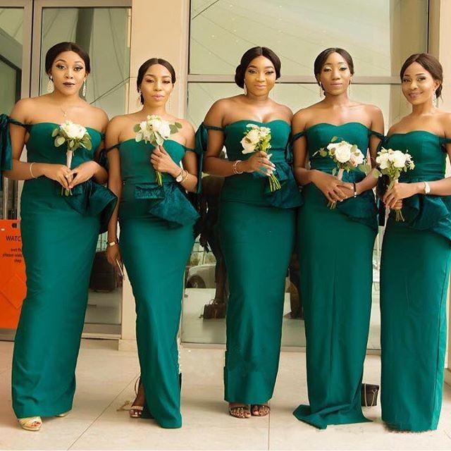 

Dark Green Off Shoulder Mermaid Bridesmaid Dresses Peplum Plus Size Maid Of Honor Wedding Guest Gown Custom Made