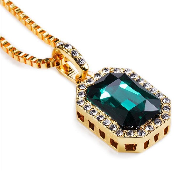 Men Women Hip Hop Charm Gem Pendant Necklaces for Fashion Green Red Blue Black White Crystal Design 18k Gold Plated 75cm Long Chain Jewelry