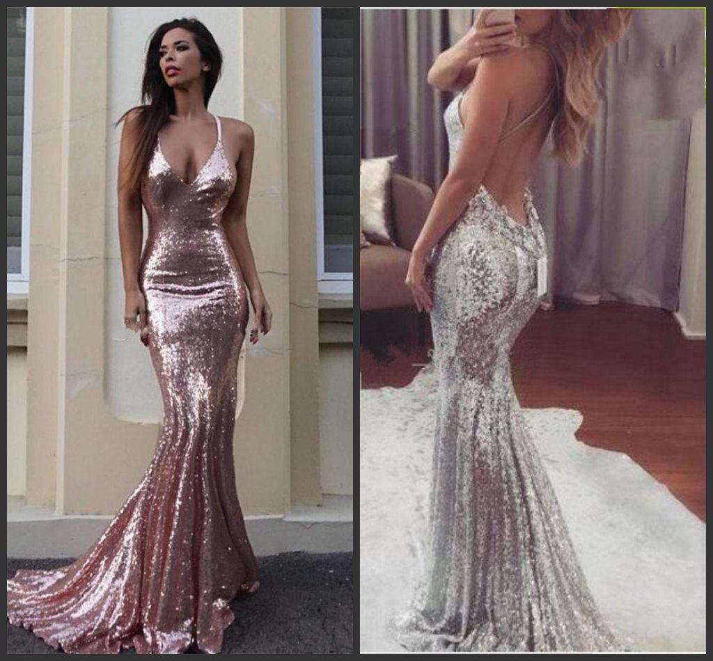 

Rose Gold Sequin Mermaid Evening Dresses Sparkle V Neck Spaghetti Straps Backless Silver Prom Dresses Gold Evening Gowns Criss Cross Back 22, Beige