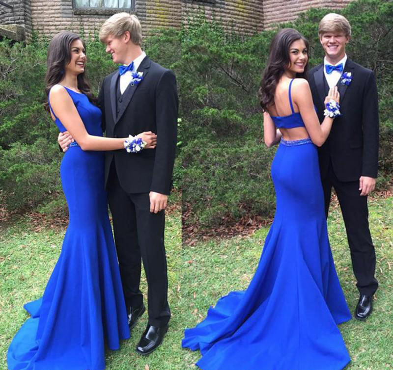 

Royal Blue Prom Dress Sleeveless Backless Cutaway Sides Long Formal Holidays Wear Graduation Evening Party Gown Custom Made Plus Size, Silver
