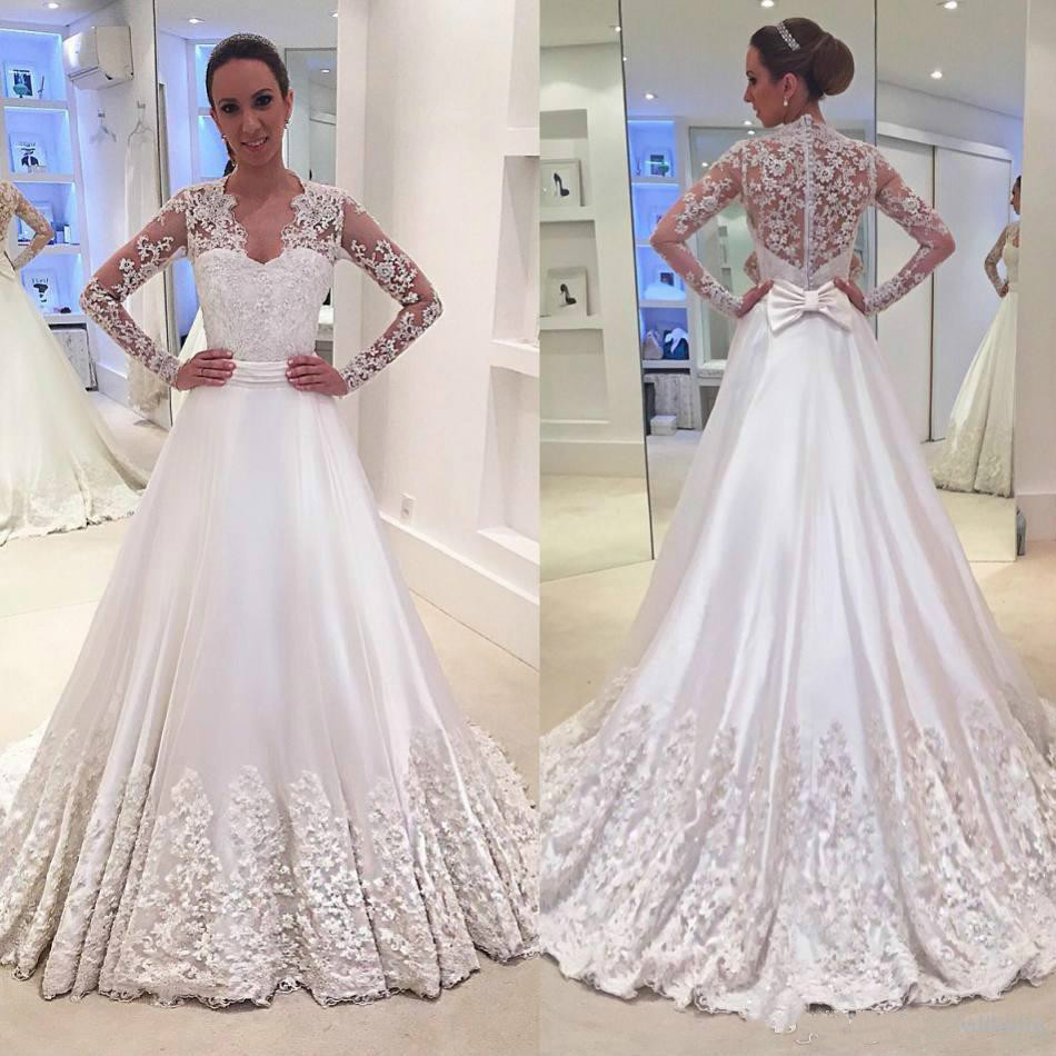 

Elegant V Neck Lace Wedding Dresses Illusion Long Sleeves Applique Bridal Gowns White Bow Sash Button Back Vestidos De Novia Formal Bride, Ivory