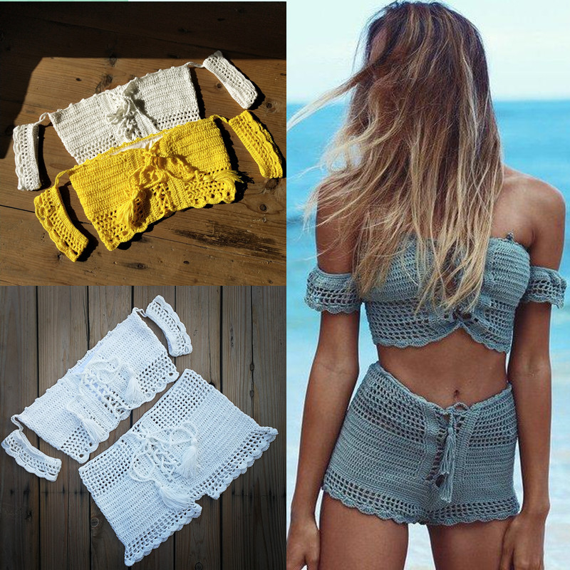 

custom made Handmade Sexy Bikini Set Boho Bikini Knit Crochet High Waist shorts Tassel Swimwear Beachwear Bathing Suit, White