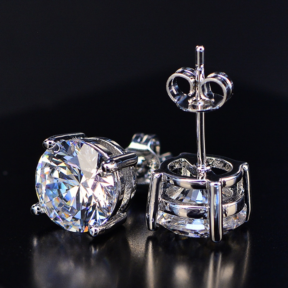 Round Cut Stud Earrings 18k White Gold Filled Mens Womens Genuine Clear Cubic Zirconia Earrings Prevent Allergy-image-412198990