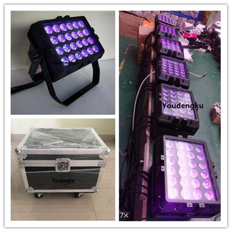 4 pieces with flightcase outdoor led projector RGBWA UV 6IN1 Multi-Color DMX 512 LED Wall Washer 24x 18w led stage city color flood light-image-432498977