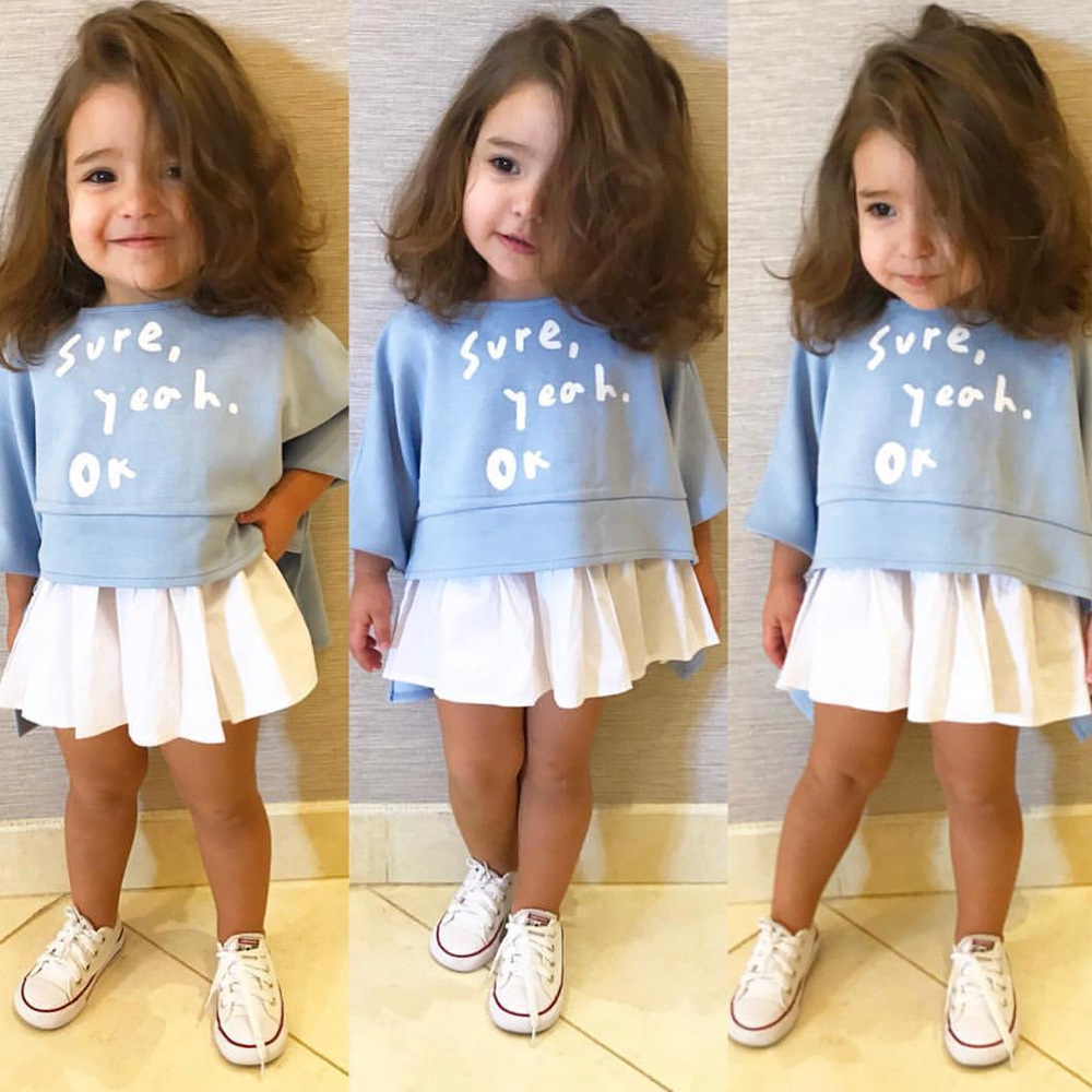 

2018 New Children Fashon Sets Baby Girls INS Letters Long Sleeve T Shirt + Skirt 2 Pcs Set Kids Casual Suit Clothing, As photo