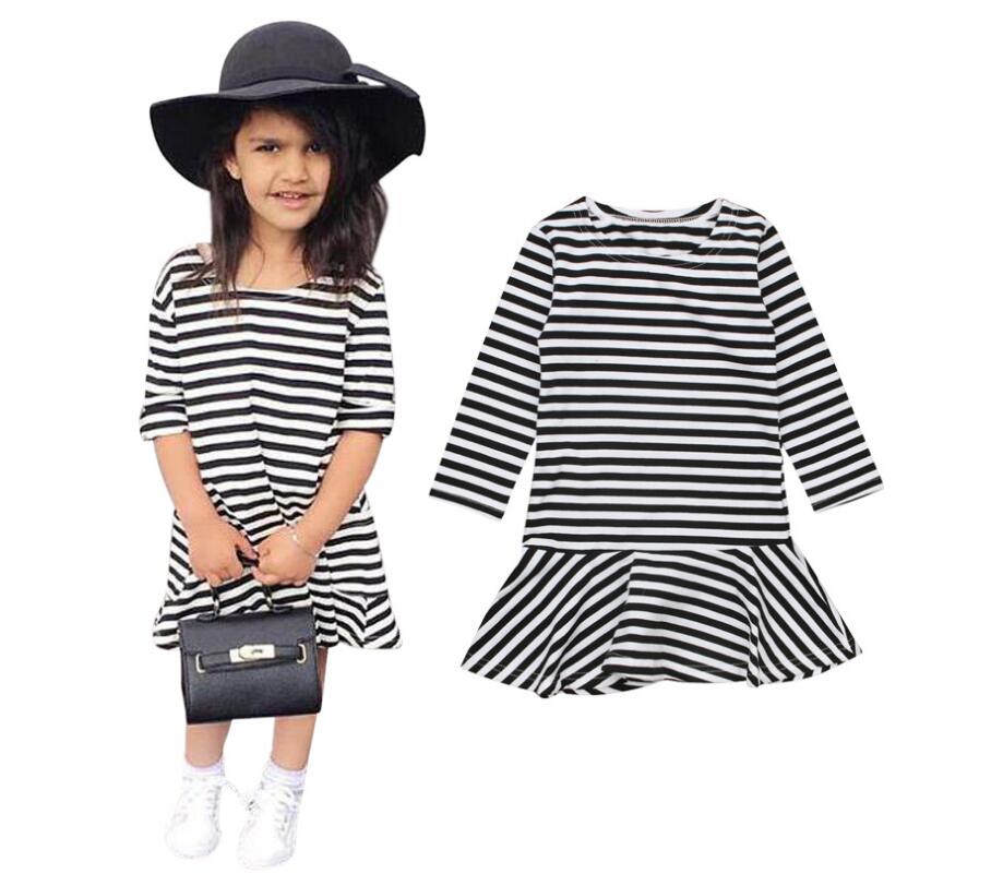 

Girl Summer Spring Long Sleeve Black White Striped Round Neck Dress Baby Polyester Skirt Baby Clothing Clothes CN G031, As picture