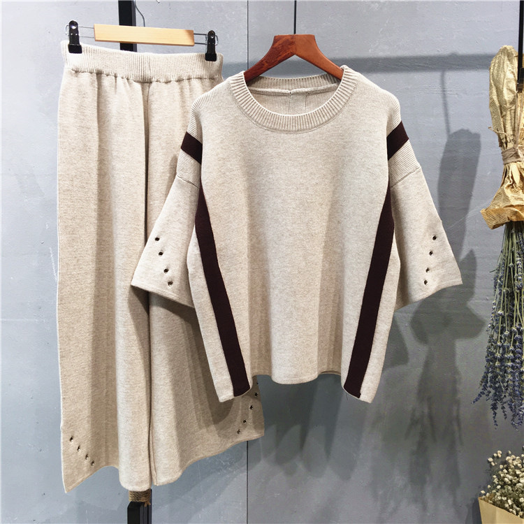 2018 Korean Fashion Autumn Winter Women's Bat Sleeve Loose Pullover Sweater + Knit Wide Leg Pants Two Piece Female Knitted Suit C18110801