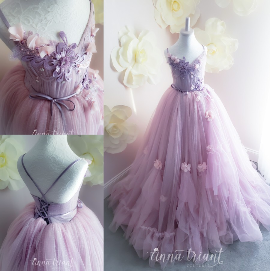 lilac and white wedding dress