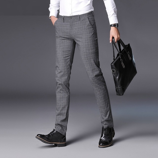 

2018 New business casual cotton-padded trousers men's grey plaid trousers, Gray