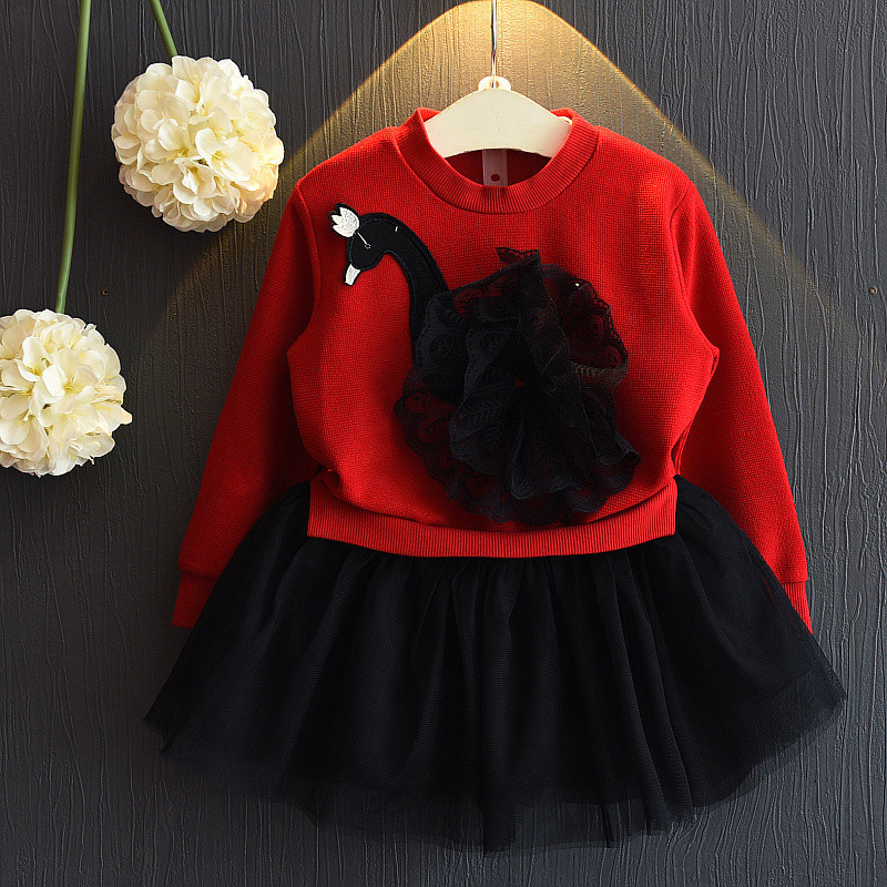 

Children Clothing Baby Girls Dress Long sleeves Dress Baby Tutu Kids Stitching Dress Lace Cartoon Swan, Red