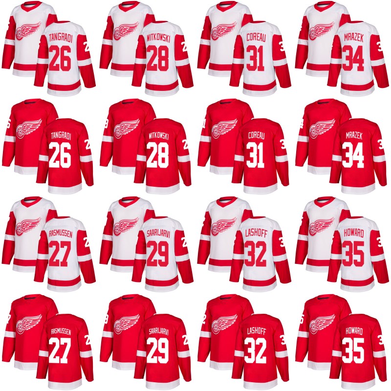 

Detroit Red Wings Jersey 26 Eric Tangradi 35 Jimmy Howard 40 Henrik Zetterberg 43 Darren Helm Custom Hockey Jerseys White Red, Black;red