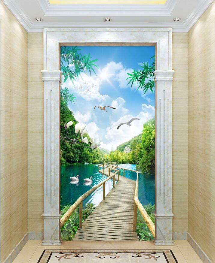 

3d wallpaper custom photo HD Mountain Clear Water Show Wooden Bridge 3D Landscape porch landscapes room muals wall paper for walls 3 d, Sky blue