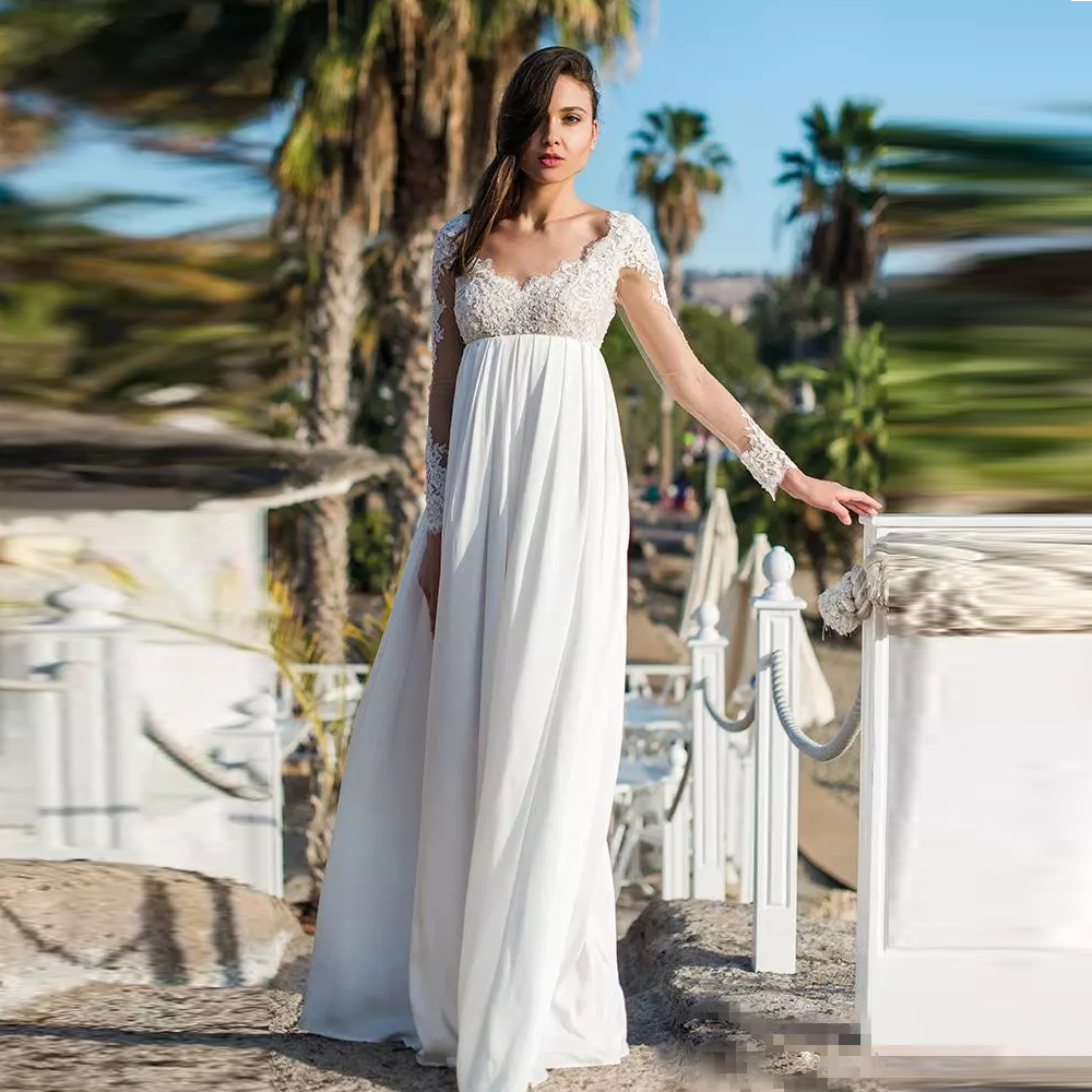 

simple chiffon aline beach wedding dresses v neck see through sleeve bridal gowns appliques pearl summer wedding gown, Champagne