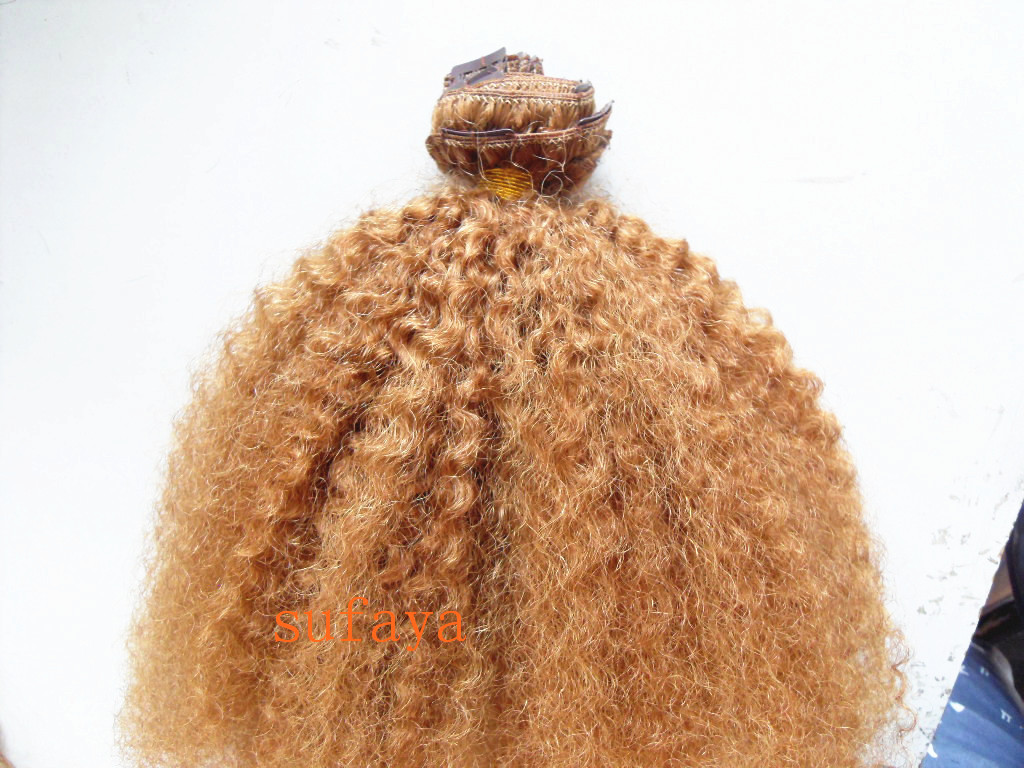 Brazilian Human Virgin Remy Clip Ins Hair Extensions Dark Blonde Hair Weft Human Bomb Kinky Curly Hair Extensions Double Drawn Thick Weft-image-411611459