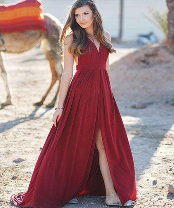 

Popular Burgudny V Neck Long Prom Dresses Sexy Backless Side Slit Prom Party Wear Gowns Pleat Floor Length Evening Dress Custom Made, Red
