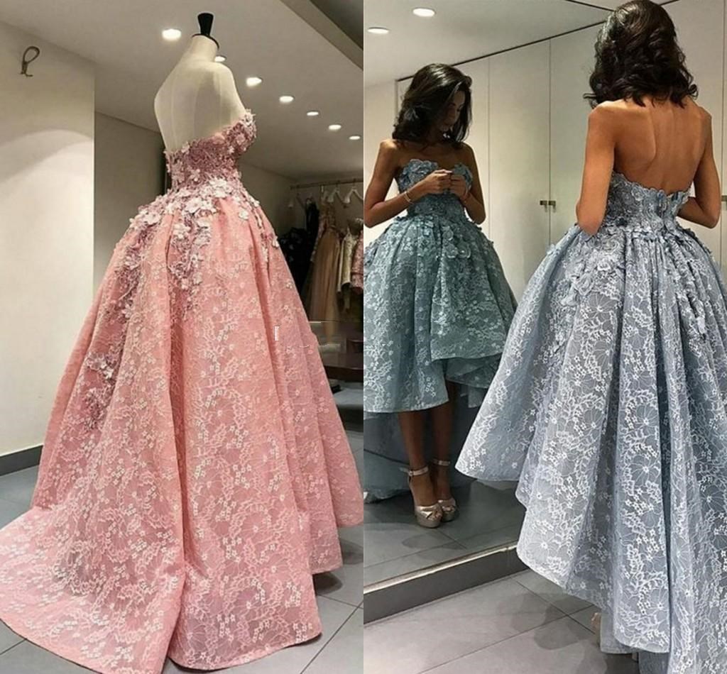 

Sweetheart Ball Gown Appliques Lace Hand Made Flower High Low Sexy Beautiful Evening Dress Prom Dress, Pink