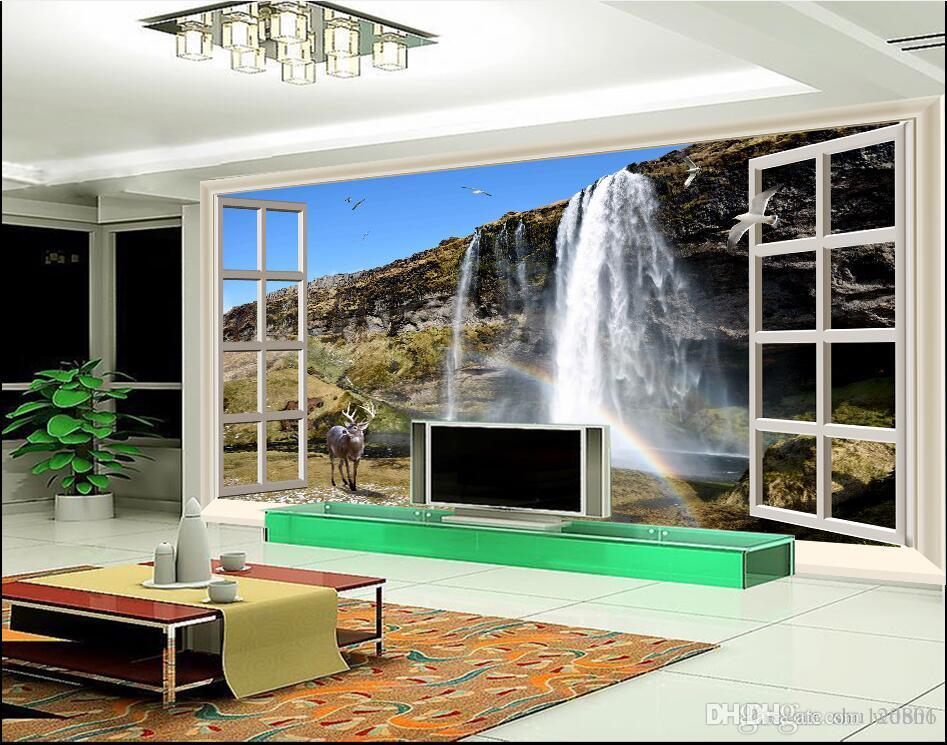 

3d wallpaper custom photo Window waterfall running water TV background wall living room Home decor 3d wall murals wallpaper for walls 3 d, Picture shows