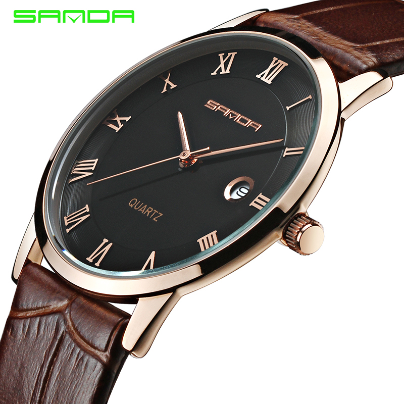 

7mm Super Slim Fashion SANDA Mens Watches top brand luxury fashion Genuine Leather Watch Men Calendar Clock relogio masculino, Brown white men