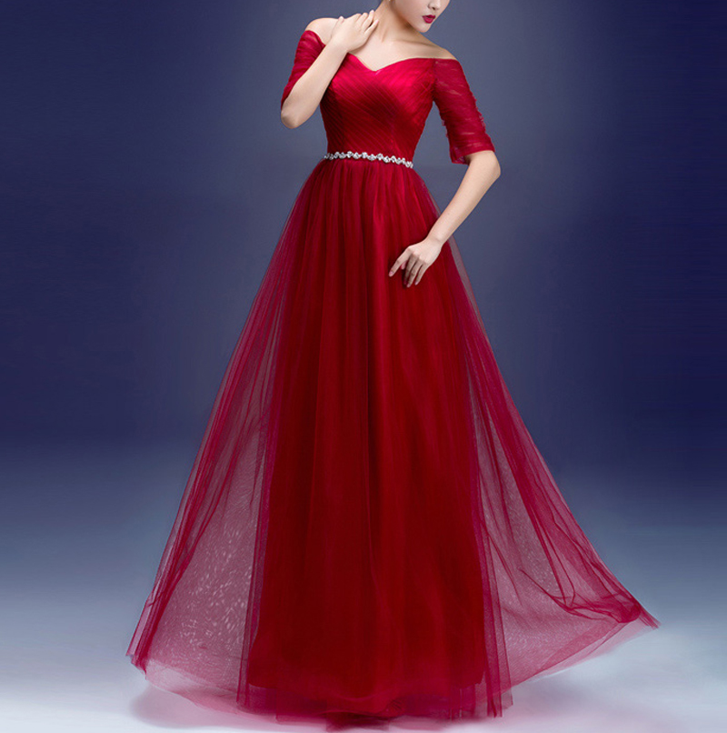 

Eye Catching Evening Dresses Pleats Tulle Half Sleeves Prom Dress Sparkling Sash Lace-up with Zipper Prom Dresses Dark Red,Royal Blue Cheap, Gold