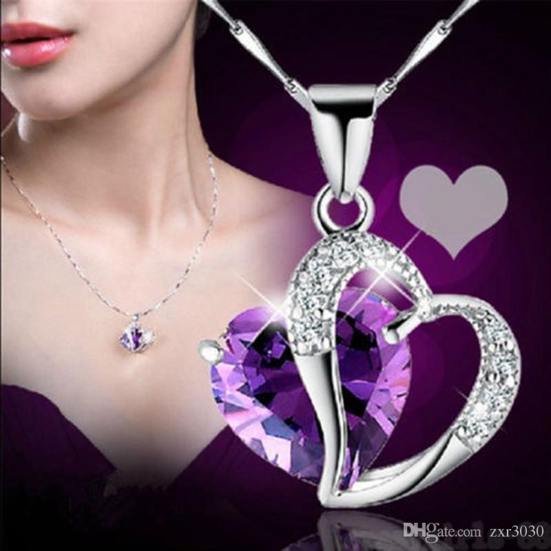 

Silver Plate Heart Choker Necklace Women Necklaces Crystal Pendant Jewelry Crystal Gemstone Amethyst Heart Necklace Gift