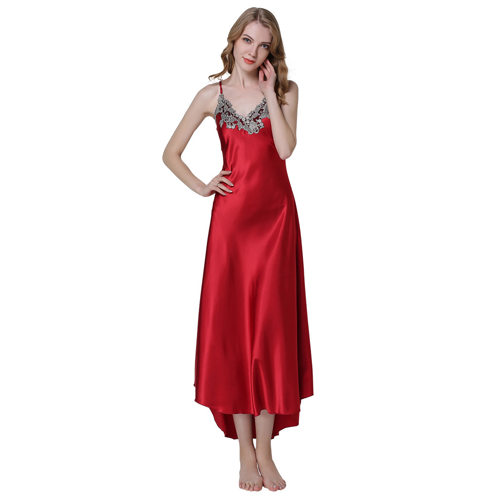 Mode femmes Sexy broderie dentelle florale longue chemise de nuit Satin robe de nuit vêtements de nuit femme robe en soie nuisettes Homewear chem