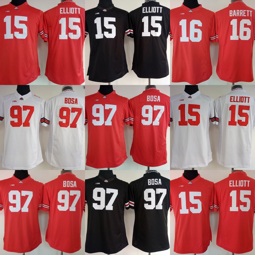 

NCAA Womens Ohio State Buckeyes Jersey #15 Ezekiel Elliott 97 Nick Bosa 16 JT Barrett College Football Jerseys Red White Black, 15 red1