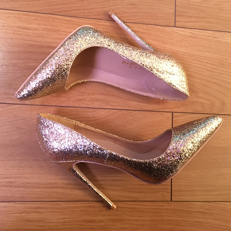 

Free shipping fashion women pumps Gold Glitter point toe high heels thin heel shoes genuine leather real photo party shoes 12cm 10cm, Gold 12cm