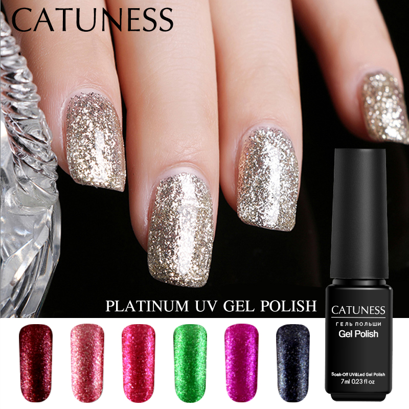 

CATUNESS Soak Off Long Lasting Glitter Nail Gel Polish Soak Shiny UV Gel Varnish Metallic Top Shimmer Platinum Gold Lacquer, 61white