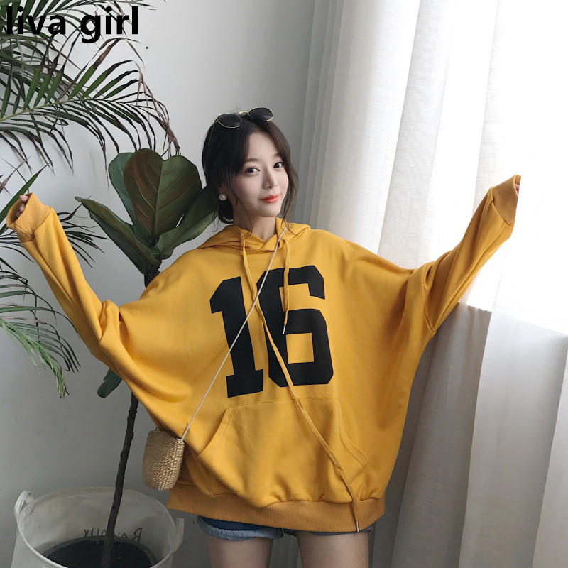 2018 Street Fashion Number Printed Pocket Hoodies Women Harajuku BF Korean Loose Female Sweatshirt Chic Hooded Fleece Moletom