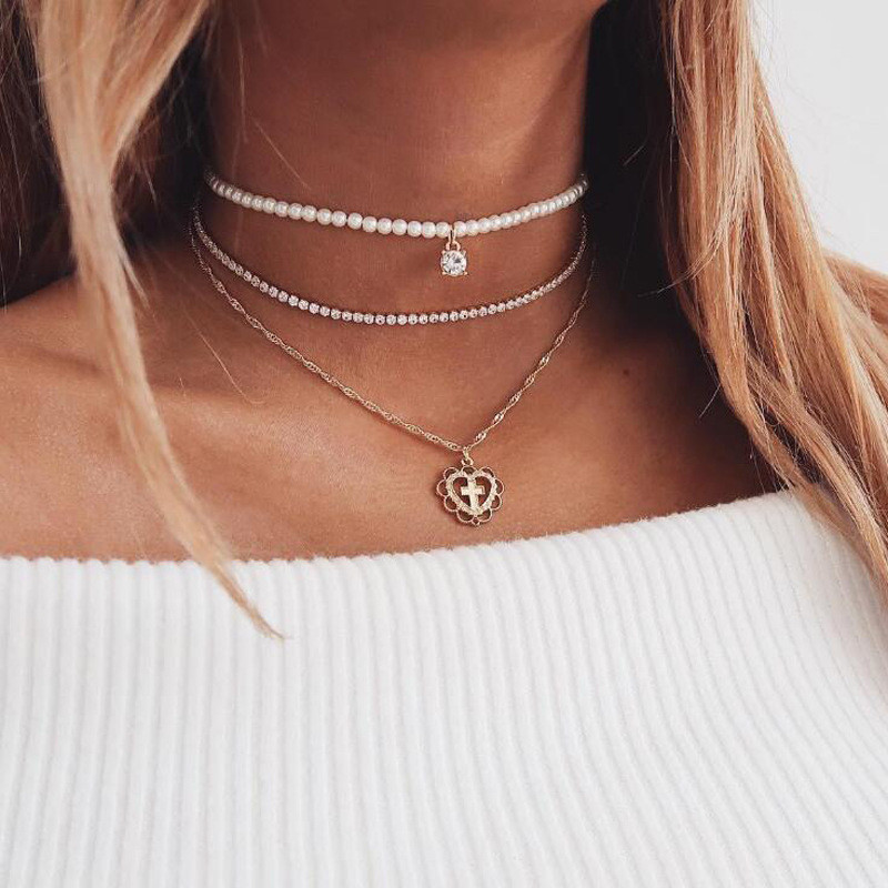 

3pcs Per Set Necklaces Pearl Round Zircon Pendants Necklaces Multi Layer Cross Pendant Necklace For Women HZ