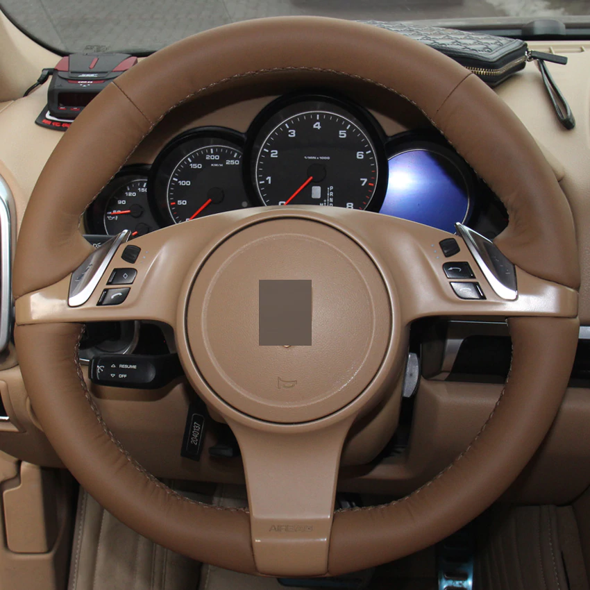 Dark Brown Leather DIY Hand-stitched Car Steering Wheel Cover for Porsche Cayenne Panamera 2010 2011-image-430762183
