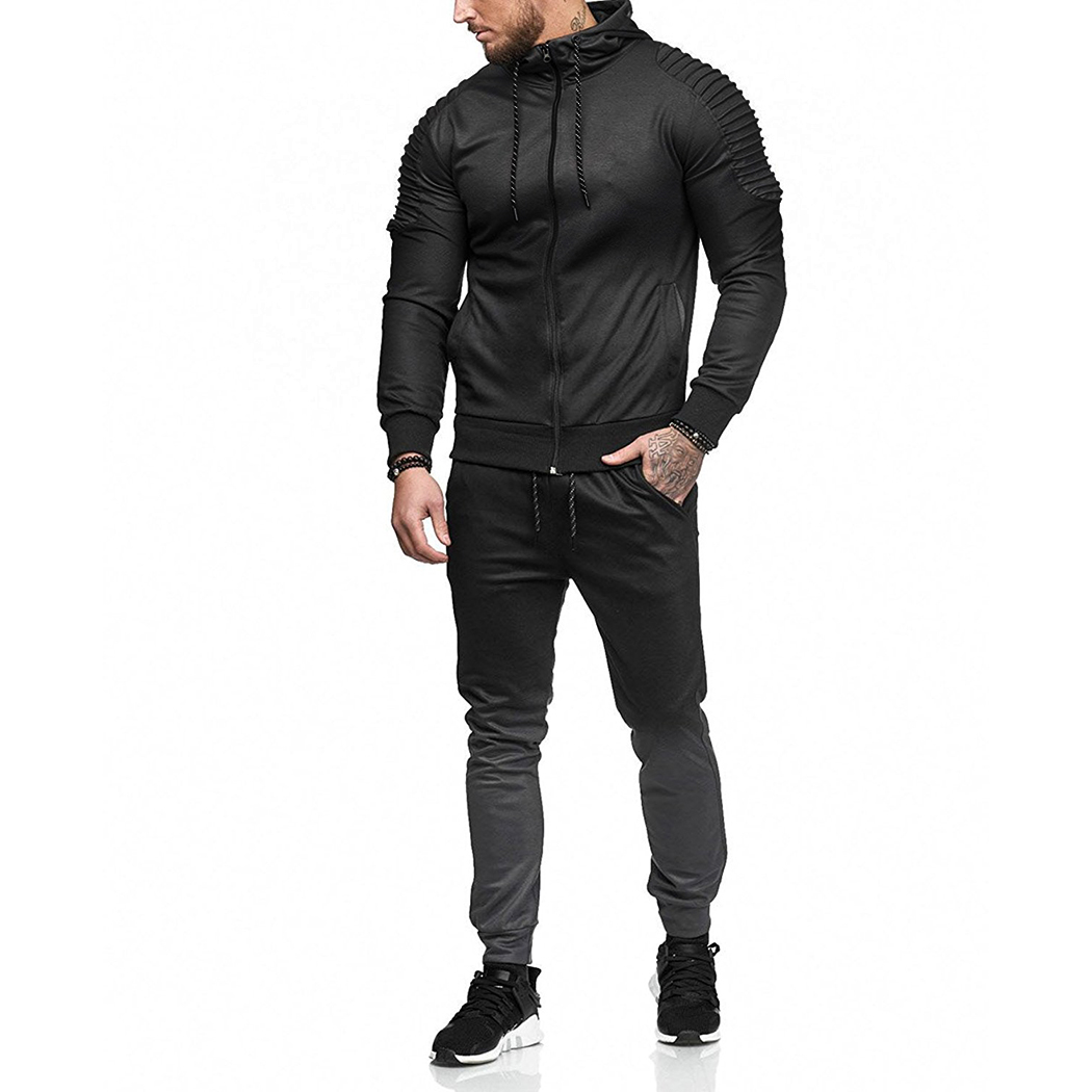 

2pcs Set Tracksuit Men Casual Gradient Jogger Pants + Sweat Jacket Pants Hoodie Sweatshirt Fitness Sportswear Men Clothing, Black