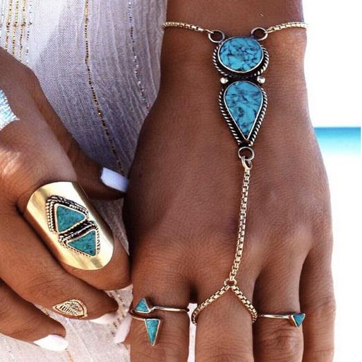 

Ethnic Vintage Retro Turquoise Charm Wrist Wrap Finger Rings Water Drop Ornaments Bracelets For Women Bohemia Seaside Wind Costume Fashion Accessories Jewelry