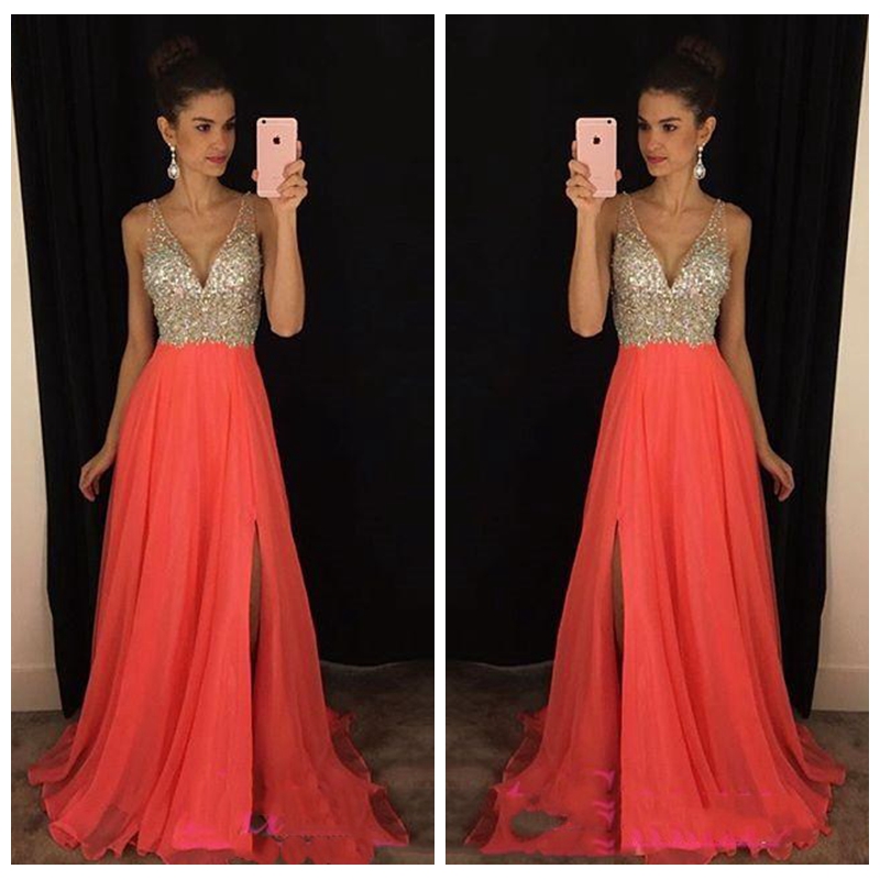 

2018 Sheer V-Neck Chiffon Split Prom Dresses A Line Shiny Beaded Crystal Sequins Top Empire Waist Special Party Dress, Same as picture