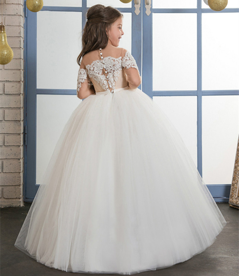 

New Lace Long Sleeves A Line Flower Girls Dresses Jewel Neck Bow Sash Tulle Applique Party Princess Kids Party Birthday Gowns, Lanvender