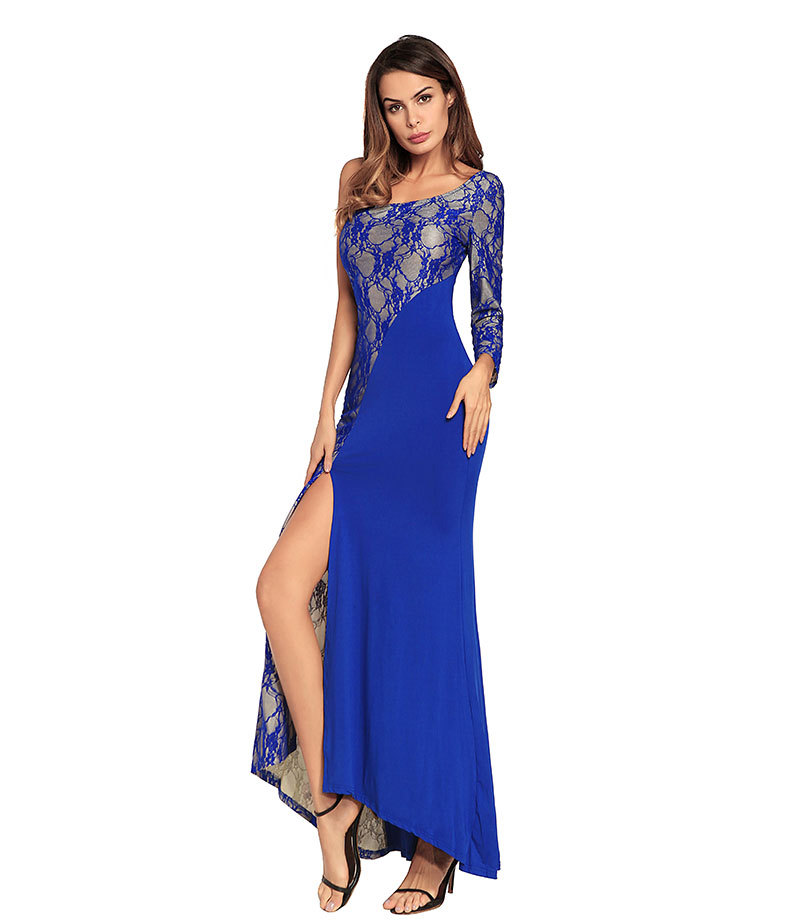 

Women Party Formal Dresses Long Floor-Length One-Shoulder Lace Patchwork Summer Spring Maxi Dresses, Red