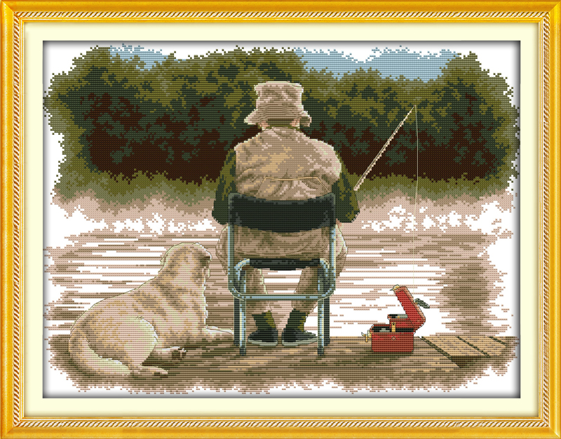 

old man and dog Fishing decor paintings , Handmade Cross Stitch Embroidery Needlework sets counted print on canvas DMC 14CT /11CT