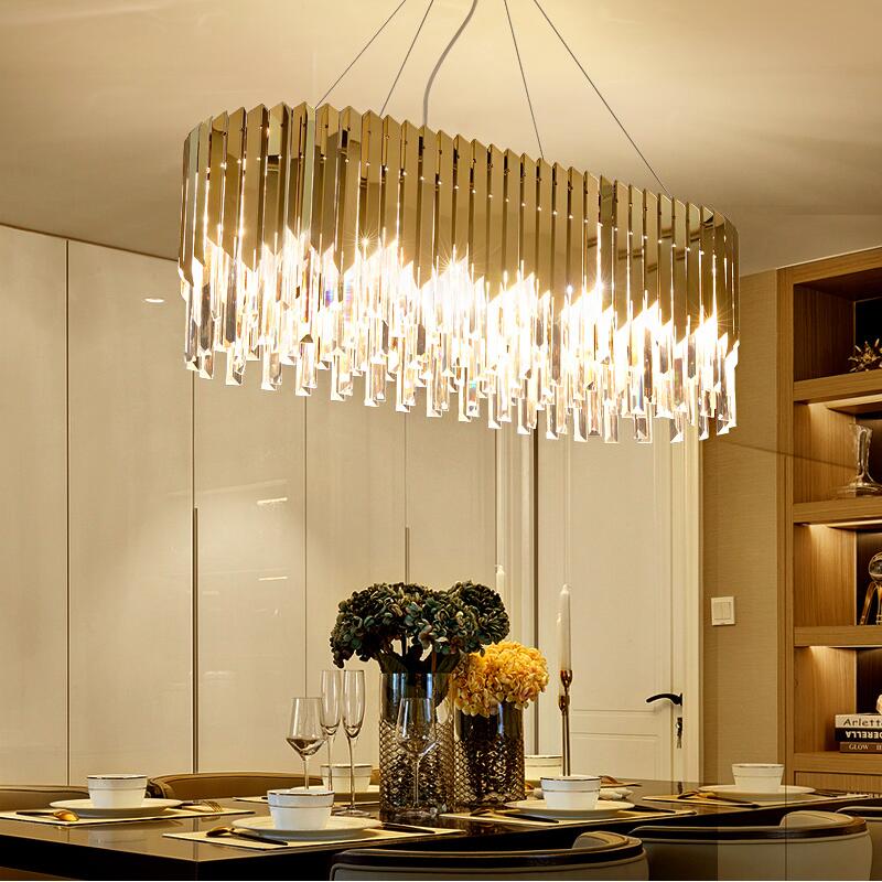 

Modern golden crystal chandelier light luxury hall LED chandelier restaurant rectangular stainless steel lamp