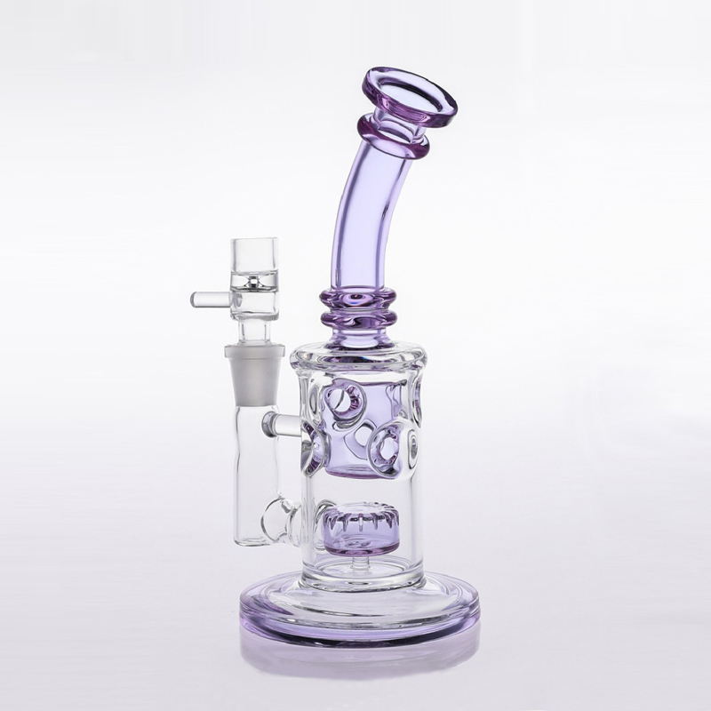 

2019 Glass Bongs Double Layers 21cm Tall 14.4mm Joint Purple water pipes Dab Oil Rig safe shipping Hookahs IN STOCK