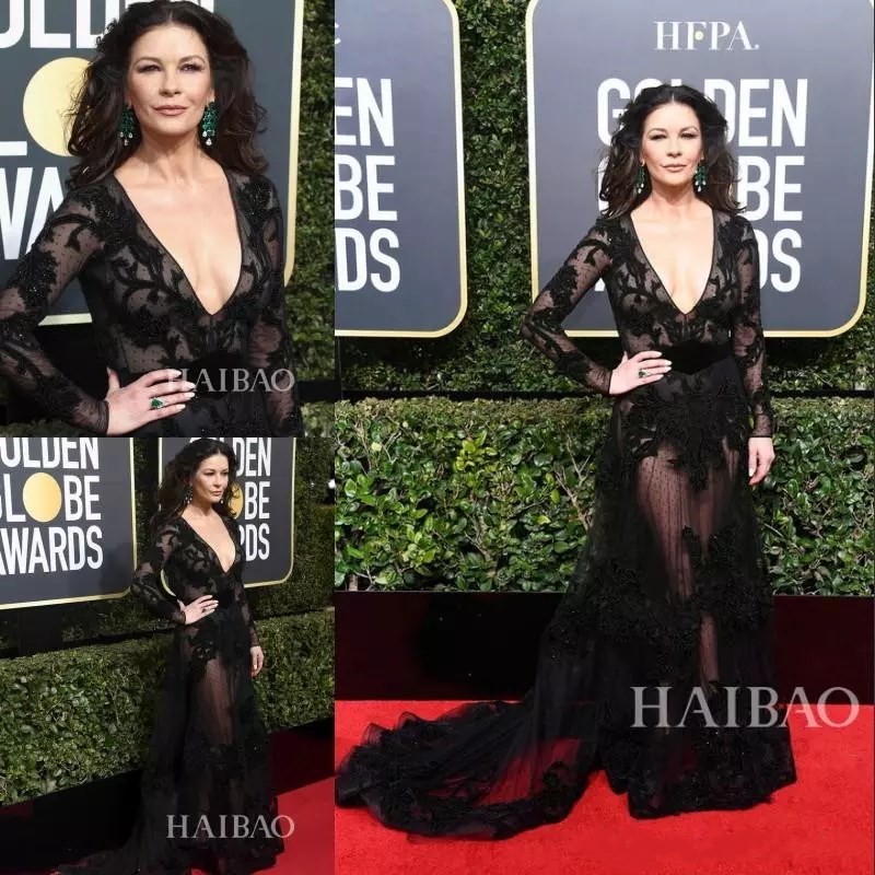 

2018 Golden Globe Awards Prom Dresses Evening Wear Zuhair Murad Deep V Neck Sexy Black Lace Sequined Long Sleeves Red Carpet Formal Dress, Green
