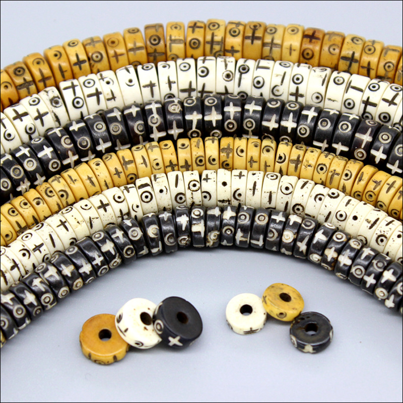 

Handmade Carved Natural OX Bone Beads 3x8mm 4x10mm Antique Flat Round Heishi Beads For Jewelry Making DIY Loose Spacer Bead