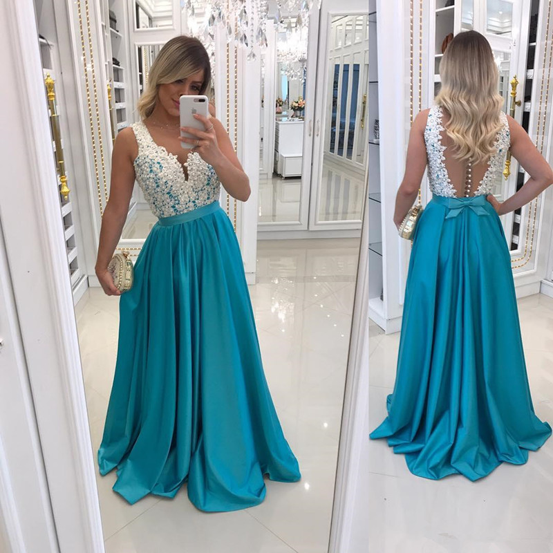 

Elegant Blue Arabic Prom Dresses 2018 Lace Appliques Pearls Beading Sexy Illusion Back Long Evening Dress A Line Party Formal Gowns, Hunter